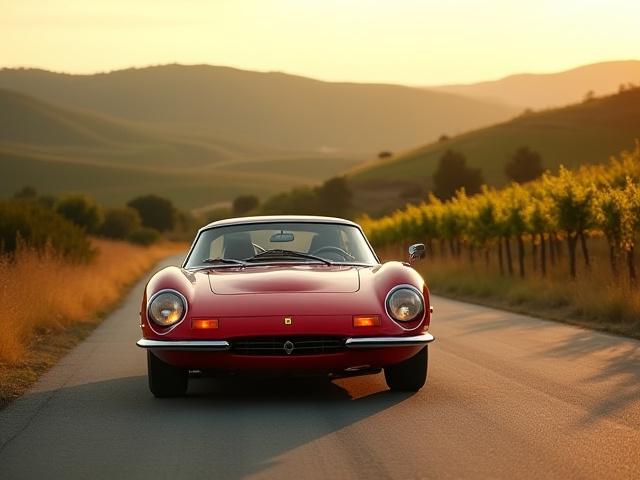 Auto sportiva d'epoca su strada panoramica della Motor Valley.