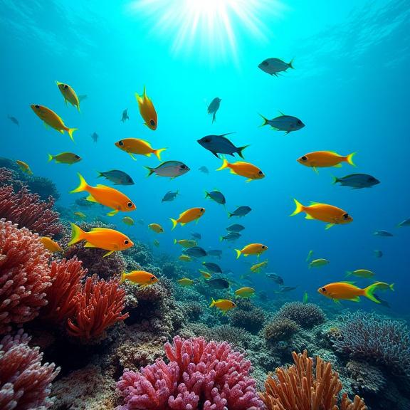 Un banco de peces nadando en un arrecife de coral vibrante y saludable