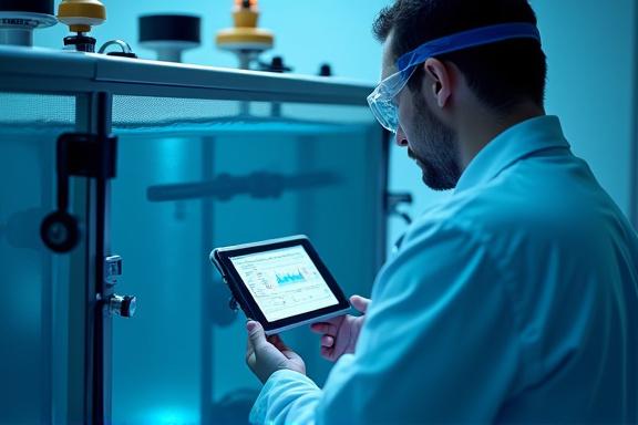 Un técnico revisando datos en una tablet junto a un tanque de acuicultura con sensores